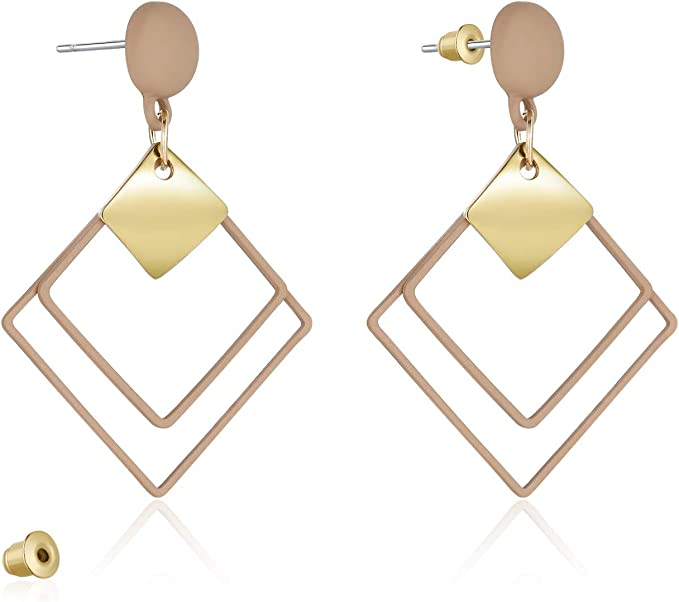 KRUCKEL Square Gold Shell Stud Dangle Earrings Jewelry | Hypoallergenic Square Drop Pierced Stud Geometric Shell Earrings Gift for Women and Girls - 7069026