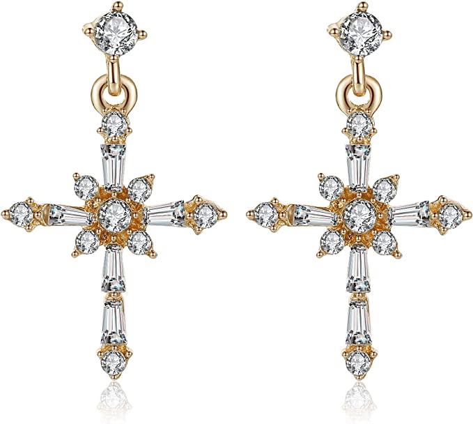 KRUCKEL Cross Christ Sparkling Earrings - Dangle Drop Cross Earrings for Women - Gifts for Her, Love with Wife, Mother, Girlfriend, Christmas, Valentines Day - Gold Plated