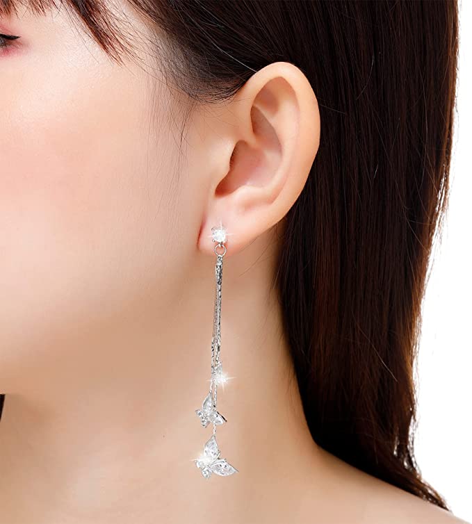 KRUCKEL Sparkling Butterfly Earrings for Women - Non-Sensitive Ears Dangling Drop Jewelry Gifts for Her - Sterling Swarovski Crystal Long Earrings With Gift Box for Teen Girls - White Gold Plated