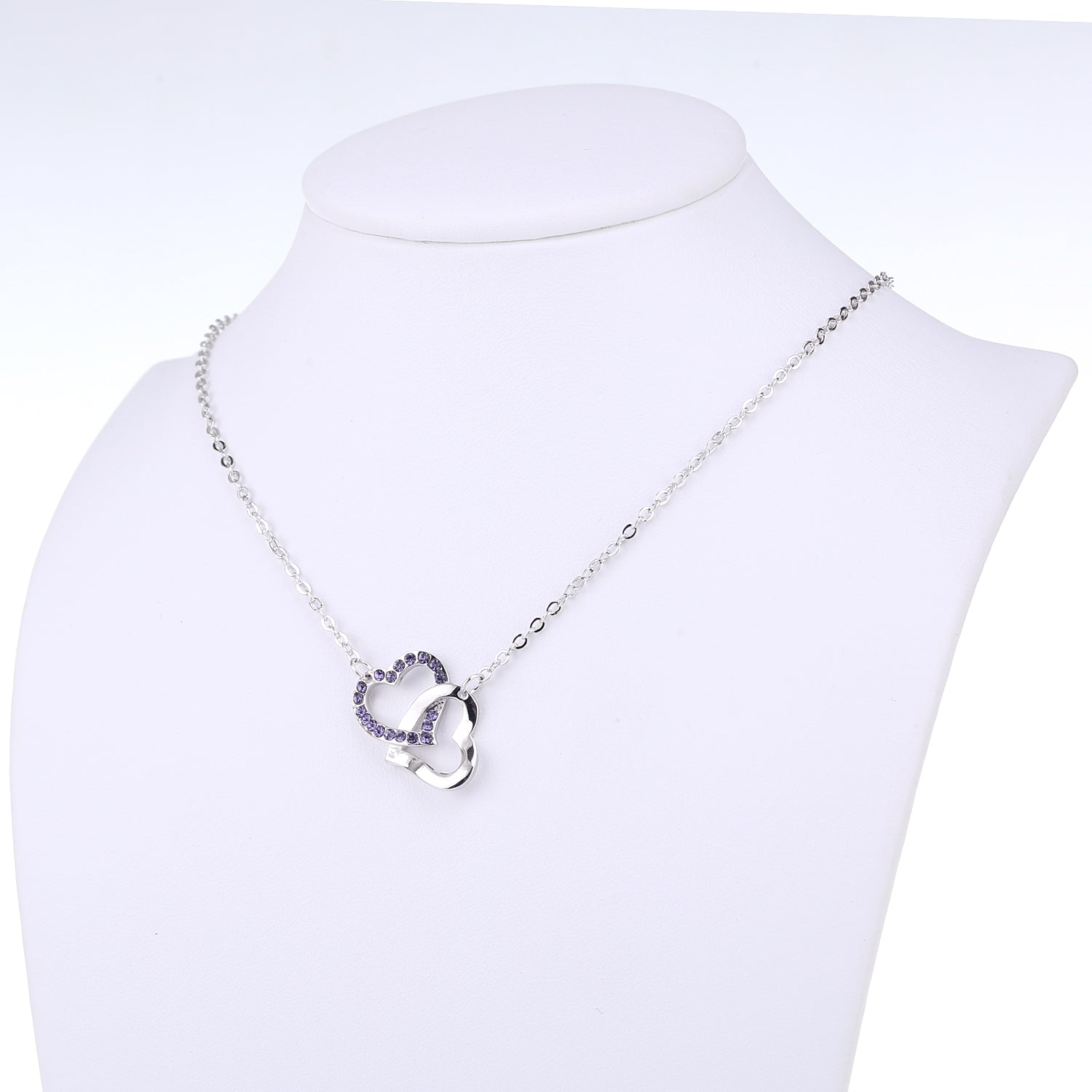 Double Heart Pendant Sparkling Collier Necklace, Sterling silver